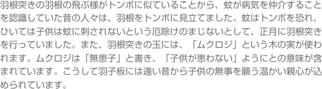羽根突きの羽根の飛ぶ様がトンボに似ていることから、蚊が病気を仲介することを認識していた昔の人々は、羽根をトンボに見立てました。蚊はトンボを恐れ、ひいては子供は