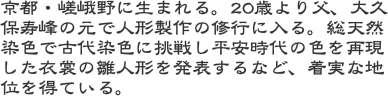 京都・嵯峨野に生まれる。20歳より父、大久保寿峰の元で人形製作の修行に入る。総天然染色で古代染色に挑戦し平安時代の色を再現した衣裳の雛人形を発表するなど、着実