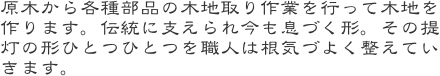 原木から各種部品の木地取り作業を行って木地を作ります。伝統に支えられ今も息づく形。その提灯の形ひとつひとつを職人は根気づよく整えていきます。
